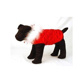 Velcro Closure Holiday Satin Dog Coat with White Feather Boa by Barking Baby (Red, Medium)