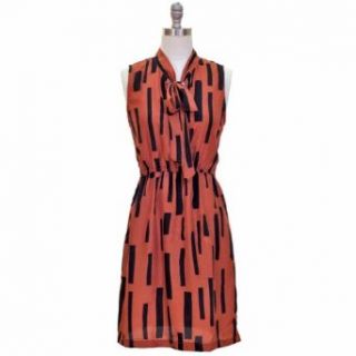 Rust Brown Dress With Black Geometric Print & Tie Collar