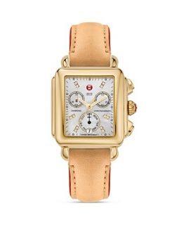 MICHELE "Deco Day" Diamond Accented Watch Head & Tan Leather Strap's