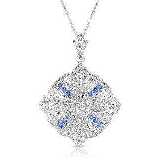 Diamond and Sapphire Flower Medallion Pendant Necklace in 14k White Gold on an 18" Rope Style Chain (GHI, I1) Jewelry