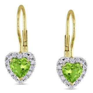 10K Yellow Gold, Diamond and Peridot, Heart Shaped Earrings, (.14 cttw, GH Color, I2 I3 Clarity) Jewelry