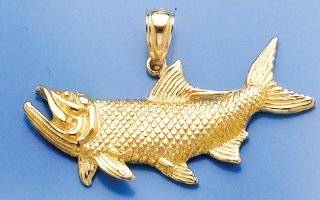 14k Gold Nautical Necklace Charm Pendant, Tarpon Fish With Open Mouth Million Charms Jewelry
