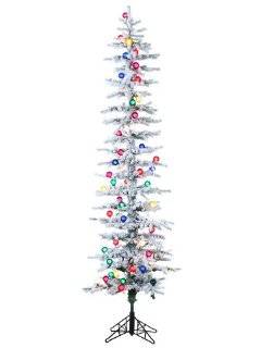 7' Pre Lit Flocked Pencil Pine Artificial Christmas Tree   Multi G40 Lights   Unique Christmas Tree