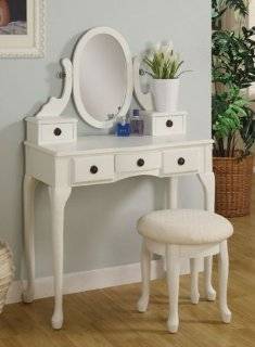 White Finish Vanity with Stool and Drawers   Girls Vanity Set With Stool