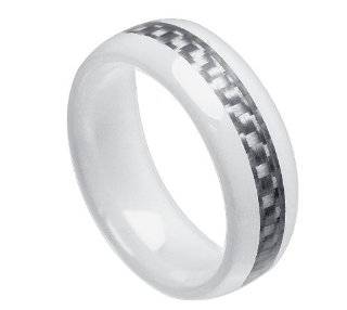 Style # 8CC305 TY18 White Ceramic High Polish Domed with Light Gray Carbon Fiber Inlay Comfort Fit Wedding Band Engagement Ring for Men & Women   8mm (5/16 inches)  Available in Size 5 thru 15 Jewelry