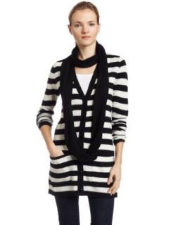 Kenneth Cole W Apparel Women's Stripe Cardigan With Detachable Scarf, Black And White Multi, X Large Clothing