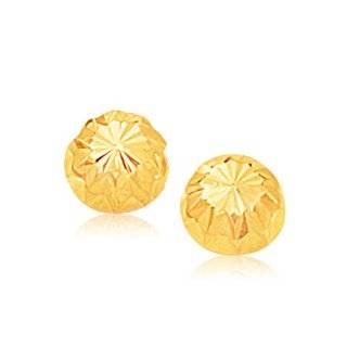 14K Yellow Gold Sparkle Diamond cut Ball Stud Earrings Jewelry