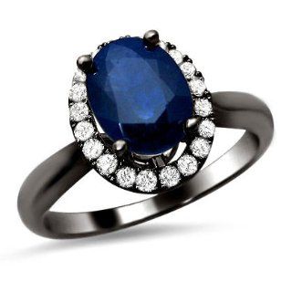 2.05ct Blue Sapphire Oval Diamond Engagement Ring 14k Black Gold Jewelry