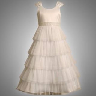 Size 16 BNJ 6108R WHITE SATIN TIERED GLITTER MESH OVERLAY Special Occasion Wedding Flower Girl First Communion Party Dress,R46108 Bonnie Jean Girls 7 16 Clothing