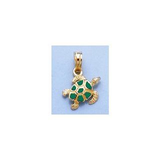 14k Gold Necklace Charm Pendant, Sea Turtle Charm With Green Enamel Shell Textur Million Charms Jewelry
