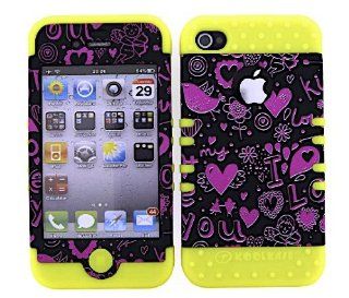 3 IN 1 HYBRID SILICONE COVER FOR APPLE IPHONE 4 4S HARD CASE SOFT YELLOW RUBBER SKIN HEARTS YE TE371 KOOL KASE ROCKER CELL PHONE ACCESSORY EXCLUSIVE BY MANDMWIRELESS Cell Phones & Accessories