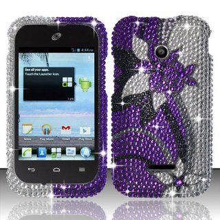 Huawei Inspira H867G Glory H868c FULL DIAMOND BLING PURPLE SILVER VINES AND FLOWER DESIGN HARD SNAP ON RUBBERIZED 2 PIECE PLASTIC CELL PHONE CASE Cell Phones & Accessories