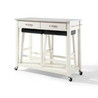 Crosley Furniture Stainless Steel Top Kitchen Cart/Island in White Finish with 24 Inch White Upholstered Saddle Stools Home & Kitchen