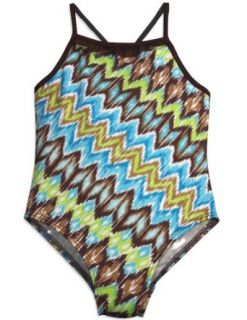 405 South by Anita G   Girls One Piece Zig Zag Swimsuit, Blue, Brown 31013 4 Clothing