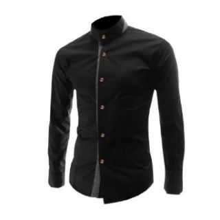 Mans Chic Stand Collar Long Sleeve Patchwork Detail Casual Shirt Clothing