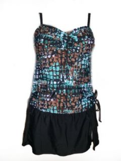 Womens Coco Beach Long Shirred Tankini Skirtini Swimsuit, Swimwear Set, Window Pane, Black/Turquoise M XL (Medium (10), Turquoise/Black/White) Clothing