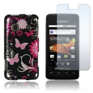 SAMSUNG GALAXY PREVAIL M820   PINK BUTTERFLY FLOWER HARD SKIN CASE COVER + CLEAR SCREEN PROTECTOR Cell Phones & Accessories