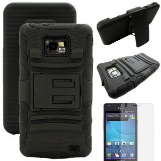 MINITURTLE, Rugged Hybrid Dual Layer Armor Phone Case Cover with Built in Kickstand, Swiveling Holster Belt Clip, and Clear Screen Protector Film for Android Smartphone Samsung Galaxy S2 II Attain SGH I777 AT&T / Prepaid Straight Talk SGH S959G (Black)