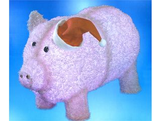 28" Pre Lit LED Outdoor Chenille Pig in Santa Hat Christmas Yard Art Decoration