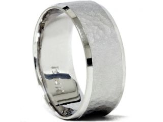 10MM WIDE MENS HAMMERED COMFORT FIT SOLID 14K WHITE GOLD FLAT WEDDING RING BAND