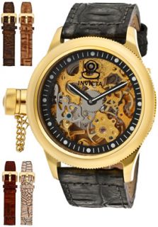 Invicta 10364  Watches,Mens Russian Diver Mechanical Skeletonized See Through Gold Tone Dial Black Genuine Leather, Casual Invicta Mechanical Watches