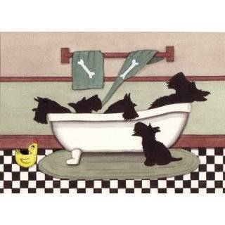Scottish terrier (scottie) fills a sink at bath time / Lynch folk art 