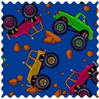 Monster Trucks on Yellow Cotton Fabric By the Yard